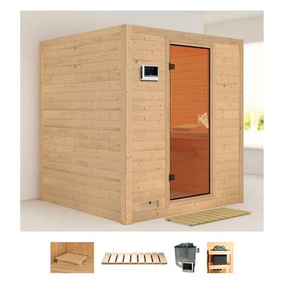Sauna KARIBU "Menja", beige (naturbelassen), Saunaofen, externe Steuerung, 9 kW, Saunen, 9-kW-Ofen mit externer Steuerung