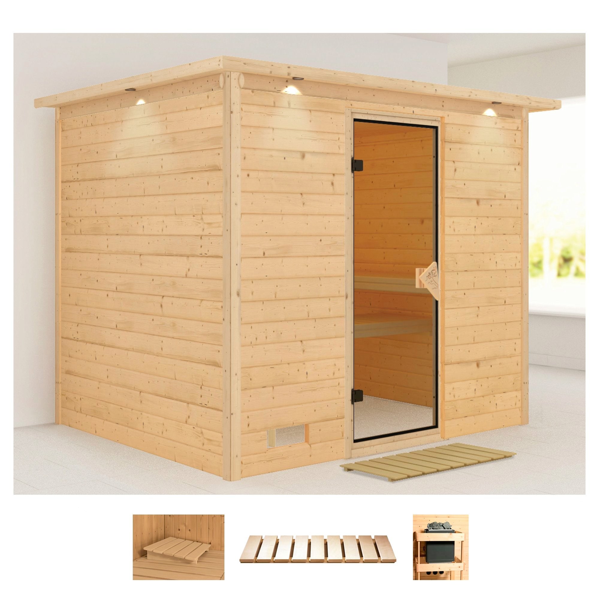 Sauna KARIBU "Soraja", beige (naturbelassen), ohne Ofen, (ohne Ofen), Saunen, ohne Ofen Image