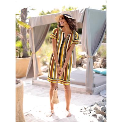Druckkleid CASUAL LOOKS "Kleid", Damen, Gr. 44, Normalgrößen, bunt (ocker, khaki, gestreift), 100% Viskose, gemustert, gestreift, mehrfarbig, kurz, Rundhals, Kurzarm, Kleider Image