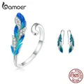 Bamoer – bague ouverte et boucles d'oreilles en forme de plume de paon bleue ensemble de bijoux