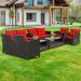 Costway 8 PCS Patio Rattan Furniture Set Glass Table Shelf Sofa Cushion Red