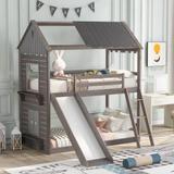 Twin Over Twin Bunk Bed Wood Bed with Roof, Window, Slide