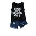 Kucnuzki 4T Toddler Boy Summer Outfits Shorts Sets 5T Sleeveless Letter Prints Cozy Tank Tops Elastic Cozy Ripped Shorts 2PCS Set Black