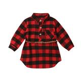 Bagilaanoe Toddler Baby Girl Shirt Dress Long Sleeve Plaid Print Dresses with Belt 1T 2T 3T 4T 5T Kid Casual Loose Tops