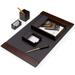 6 Piece Walnut Wood & Brown Leather Desk Set. Includes 18 x30 Desk Pad Letter Tray Pen Cup Business Card Holder 4 x6 Memo Pad and Letter Opener with Gold Plated Accent.