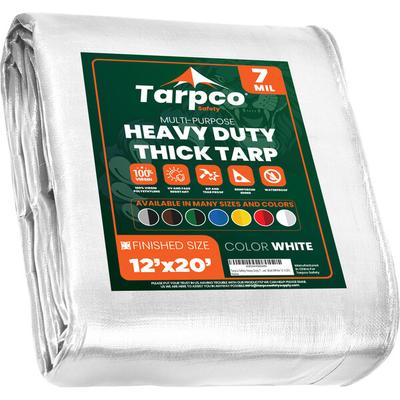 Tarpco Safety 12' x 20' White Heavy-Duty Weatherproof 7 Mil Poly Tarp with Reinforced Edges