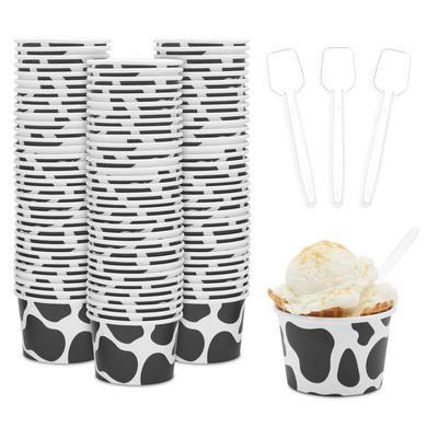 Cow Paper Ice Cream Cups with Spoons, Farm Birthday Party Supplies (8 oz, 100 Pack)