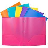 Plastic File Folder with 2 Pockets-6 Pack 3 Hole Punch Pocket Folders for 3 Ring Binder Letter Sized 3 Ring Binder Pocket School Folders with Card Slot for School Home and Work