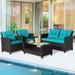 Gymax 4PCS Outdoor Conversation Set Patio PE Rattan Set w/ Glass Table & Sofa Cushions Turquoise