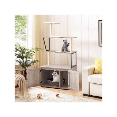 Unipaws Wooden Cat Litter Box Enclosure with Cat Tree & Hammock, Weathered Grey, Large