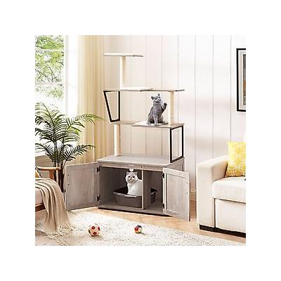 Unipaws Wooden Cat Litter Box Enclosure with Cat Tree & Hammock, Weathered Grey, Large