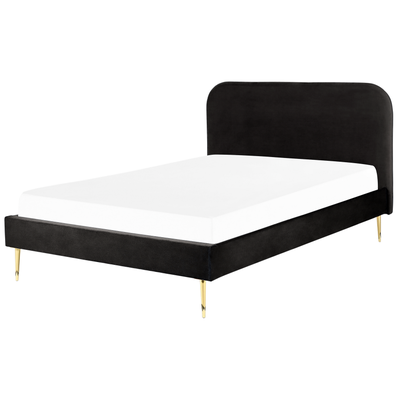 Bett Schwarz Samtstoff mit Lattenrost 140 x 200 cm Metallfüße Gold hohes Kopfteil Retro Glamourös Polsterbett Doppelbett
