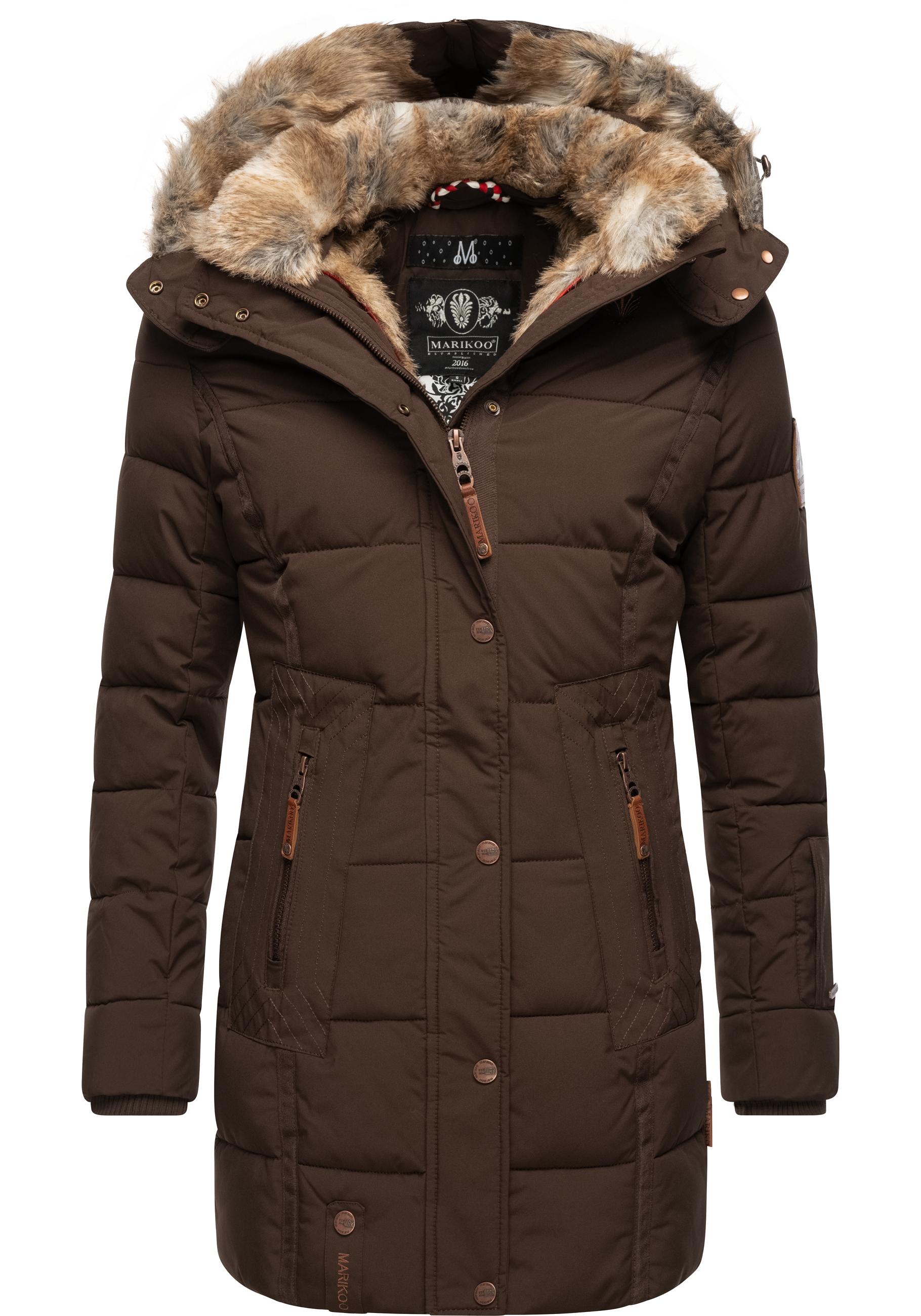 Wintermantel MARIKOO "Lieblings Jacke", Damen, Gr. XS (34), braun (dunkelbraun), Oberstoff: 100% Polyester, Futter: 100% Polyester, Wattierung: 100% Polyester, Ärmelfutter: 100% Polyester, Kunstpelz: 90% Polyacryl, 10% Polyester, Casual, tailliert... Image