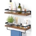 2 Pack Wall Decor Wood Rustic Floating Shelves Storage Shelves with Towel Bar for Bathroom Kitchen Bedroom Living Room