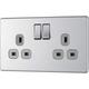 3 x Double Switched Screwless Flat Plate Power Socket, Brushed Steel, 13 Amp