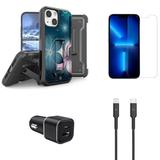 Accessories Bundle for iPhone 14 Plus Case - Heavy Duty Rugged Protector Cover (Midnight Flower) Belt Holster Clip Screen Protectors 30W Dual Car Charger USB-C to MFI Certified Lightning Cable