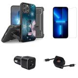 Accessories Bundle for iPhone 14 Pro Max Case - Heavy Duty Rugged Protector Cover (Midnight Flower) Belt Holster Clip Screen Protectors 30W Dual Car Charger Retractable USB C to Lightning Cable