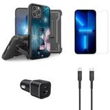 Accessories Bundle for iPhone 14 Pro Max Case - Heavy Duty Rugged Protector Cover (Midnight Flower) Belt Holster Clip Screen Protectors 30W Dual Car Charger USB-C to MFI Certified Lightning Cable