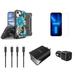 Accessories Bundle for iPhone 14 Plus Case - Heavy Duty Rugged Protector Cover (Blue Hibiscus) Belt Holster Clip Screen Protectors 30W Car Charger UL Dual Wall Charger Lightning Cables