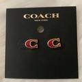 Coach Jewelry | Coach Signature Glitter Enamel Stud Earrings In Red/Gold | Color: Gold/Red | Size: Os