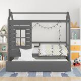 Twin Size Storage House Bed Wood Platform Daybed with Twin Trundle / Roof / Window / Chimney Decor / Wood Slats Support