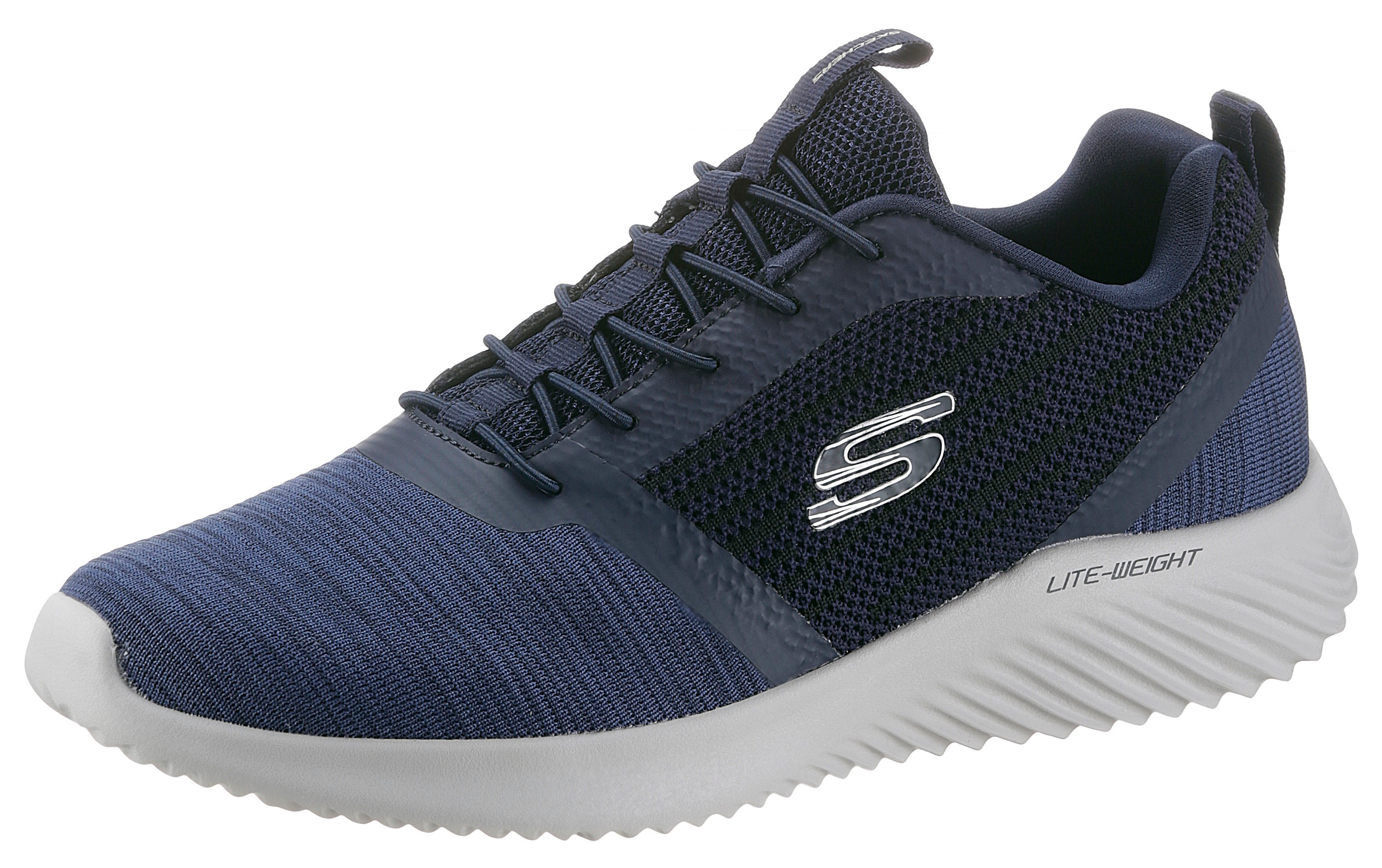 Slip-On Sneaker SKECHERS "BOUNDER", Damen, Gr. 42, blau (navy), Synthetik, Textil, Schuhe, Slipper, Sommerschuh, Freizeitschuh mit leichter Laufsohle