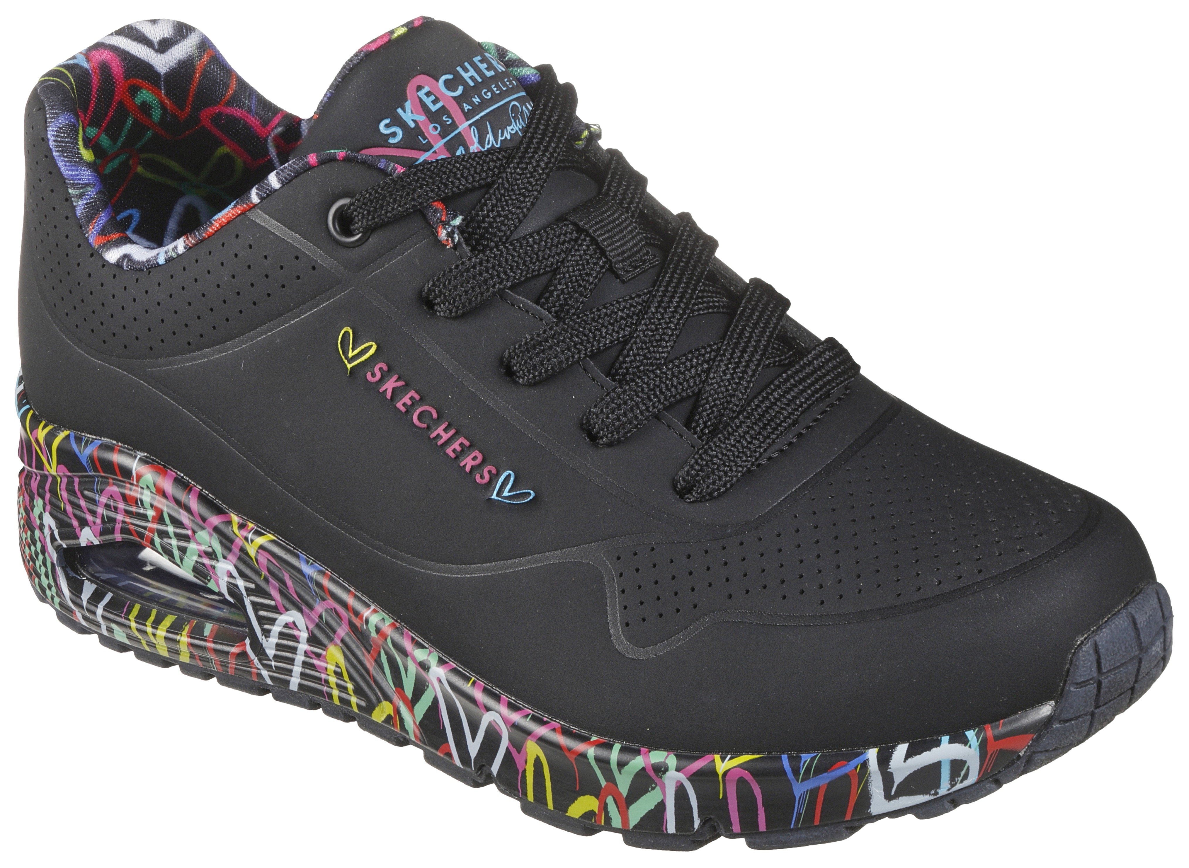 Wedgesneaker SKECHERS "UNO-LOVING LOVE", Damen, Gr. 38, bunt (schwarz, bunt), Lederimitat, Schuhe, Freizeitschuh, Halbschuh, Schnürschuh mit coolem Graffiti-Print