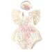 Ibtom Castle Baby Girl 1st Birthday Outfit Boho Lace Tulle Romper Ruffle Backless Embroidered Bodysuit Cake Smash Photo Shoot Clothes 12-18 Months Apricot+Light Pink Flower