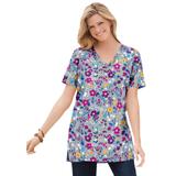 Plus Size Women's Perfect Printed Short-Sleeve Shirred V-Neck Tunic by Woman Within in Heather Grey Field Floral (Size L)