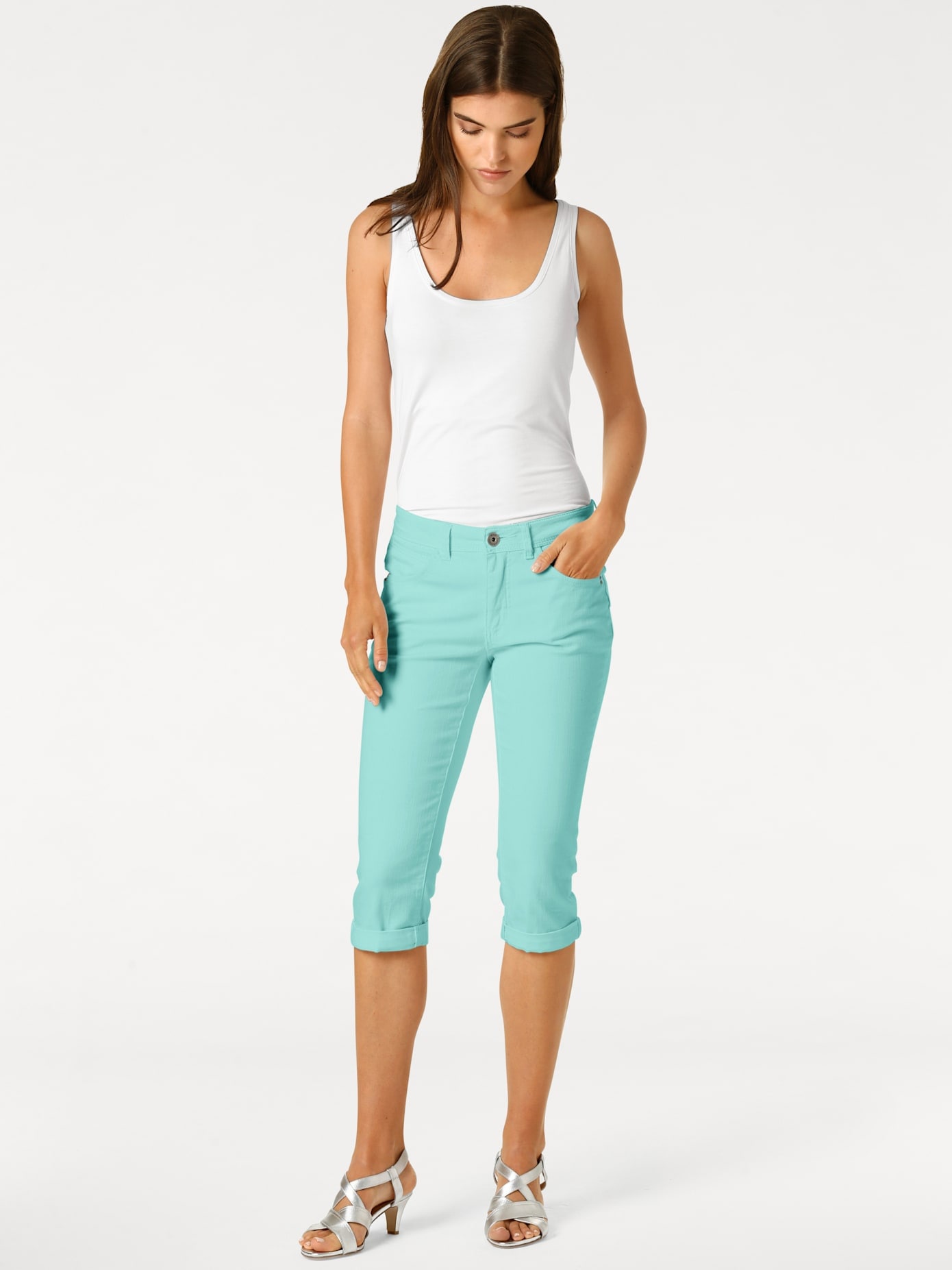 3/4-Hose HEINE, Damen, Gr. 40, Normalgrößen, blau (türkis), 98% Baumwolle, 2% Elasthan, unifarben, knielang, Hosen