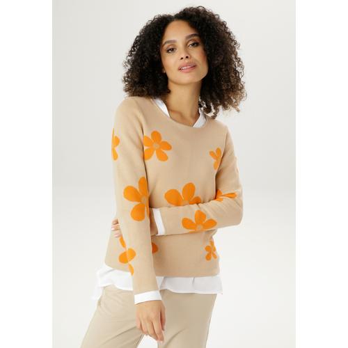 Rundhalspullover ANISTON SELECTED Gr. 36, orange (beige-orange-goldfarben) Damen Pullover mit goldfarbenen Details im Blumenmuster Bestseller