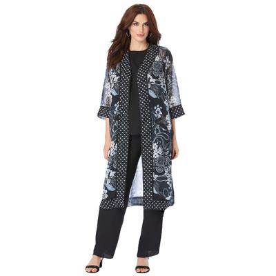 Plus Size Women's Three-Piece Duster & Pant Suit by Roaman's in Black Paisley Garden (Size 14 W) Formal Sheer Duster Pull On Wide Leg