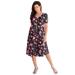 Plus Size Women's Ultrasmooth® Fabric V-Neck Swing Dress by Roaman's in Black Sketch Blossoms (Size 14/16)