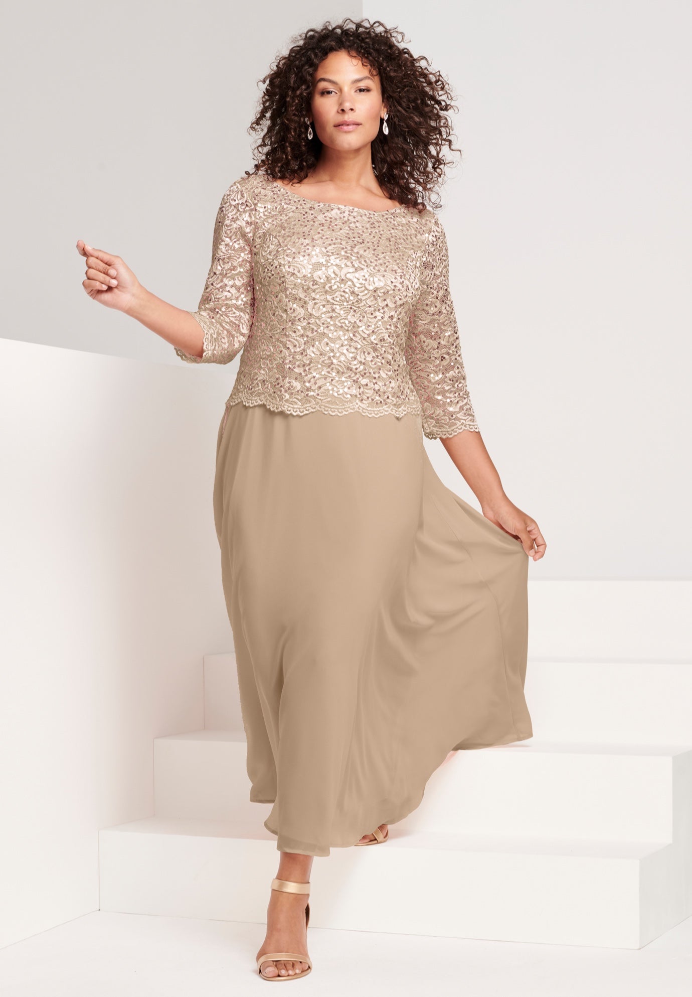 Plus Size Women's Plus Size Sparkle Lace Popover A-Line Gown with 3/4 Sleeves by Roaman's in Pale Blush (Size 22 W)