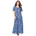 Plus Size Women's Flutter-Sleeve Crinkle Dress by Roaman's in Navy Ikat Floral (Size 22/24)