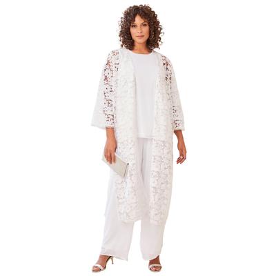 Plus Size Women's Three-Piece Lace Duster & Pant Suit by Roaman's in White (Size 32 W)