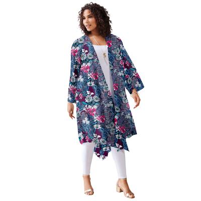 Plus Size Women's Hanky-Hem Kimono by Roaman's in Dark Berry Paisley Garden (Size 5X/6X)