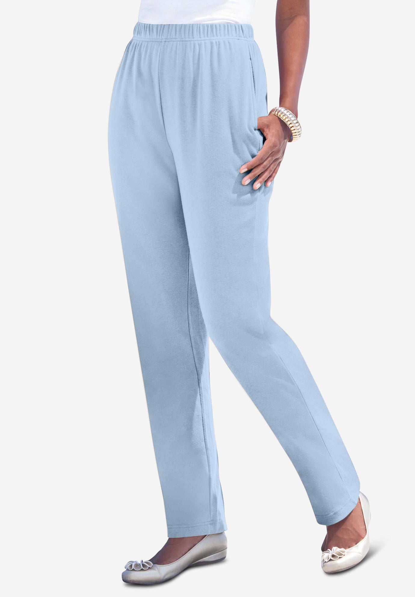 Plus Size Women's Plus Size Straight Leg Soft Knit Pull On Pant by Roaman's in Pale Blue (Size 3X) Pull On Elastic Waist