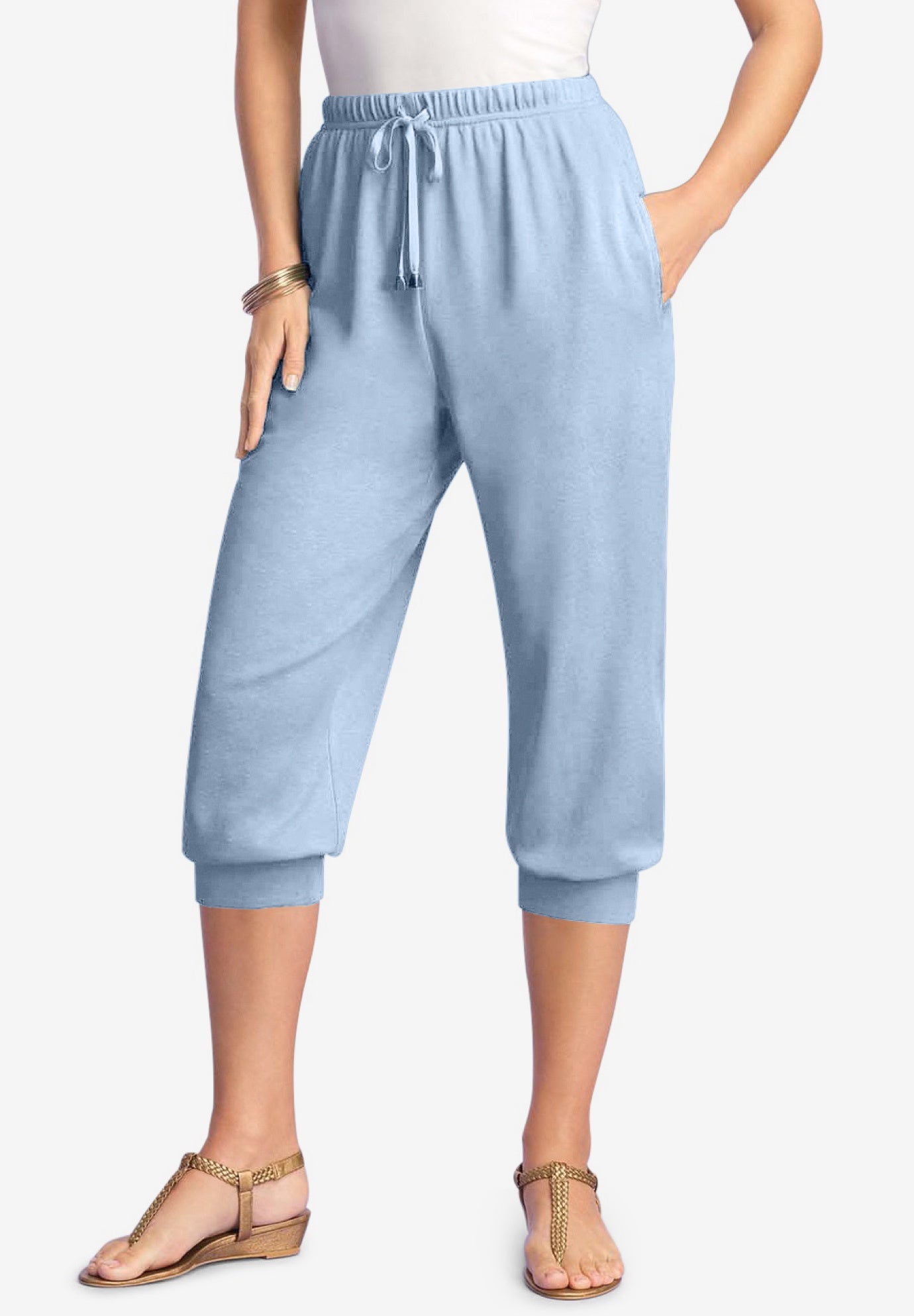 Plus Size Women's Plus Size Soft Knit Capri Pant with Drawstring Waist by Roaman's in Pale Blue (Size L)