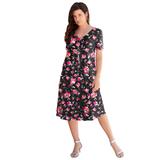 Plus Size Women's Ultrasmooth® Fabric V-Neck Swing Dress by Roaman's in Black Sketch Blossoms (Size 30/32) Stretch Jersey Short Sleeve V-Neck