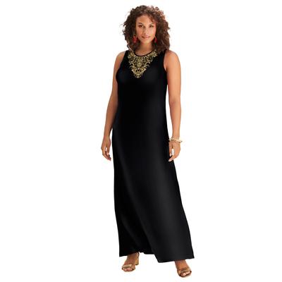 Plus Size Women's Ultrasmooth® Fabric Print Maxi Dress by Roaman's in Black Gold Scroll (Size 38/40) Stretch Jersey Long Length Printed