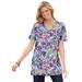 Plus Size Women's Perfect Printed Short-Sleeve Shirred V-Neck Tunic by Woman Within in Heather Grey Field Floral (Size 5X)
