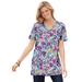 Plus Size Women's Perfect Printed Short-Sleeve Shirred V-Neck Tunic by Woman Within in Heather Grey Field Floral (Size 3X)