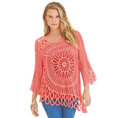 Plus Size Women's Starburst Crochet Sweater by Roaman's in Sunset Coral (Size 1X)