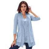 Plus Size Women's Crochet-Trim Pointelle Cardigan by Roaman's in Pale Blue (Size 26/28) 3/4 Sleeves