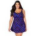 Plus Size Women's Chlorine Resistant Tank Swimdress by Swimsuits For All in Electric Purple Waves (Size 18)