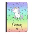 Personalised Initial Ipad Case For Apple iPad pro 12.9 inch (1st Generation) (2015), Rainbow Unicorn with Custom Black Text, 360 Swivel Leather Side Flip Wallet Folio Cover, Unicorn Ipad Case