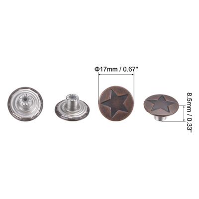 50 Sets Button Pins for Jeans Adjustable 17mm Star Red Bronze - Red Bronze