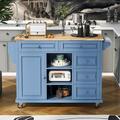 Yipa Rolling Kitchen Island 5 Drawers Trolley Cart With Rubber Wood Desktop 53 Inch Width Serving Cabinets Storage Shelves Farmhouse Stable Towel Rack Wooden Door Blue
