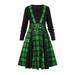 Women Gothic Swing Dresses Vintage Plaid Long Sleeves V-Neck Cocktail Prom Midi Dress Splicing Party Dress